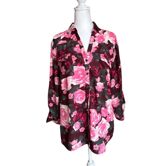 New York & Company Floral Pink Burgundy Roll Tab Sleeve Floral Button Down XL - Picture 3 of 17